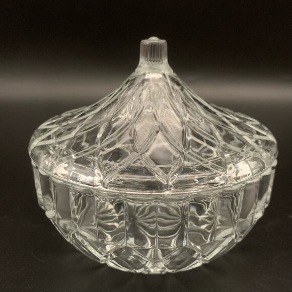 Vintage KIG Indonesia Glass Candy Dish Bowl With Lid Diamond Cut Round Pressed - Picture 3 of 10